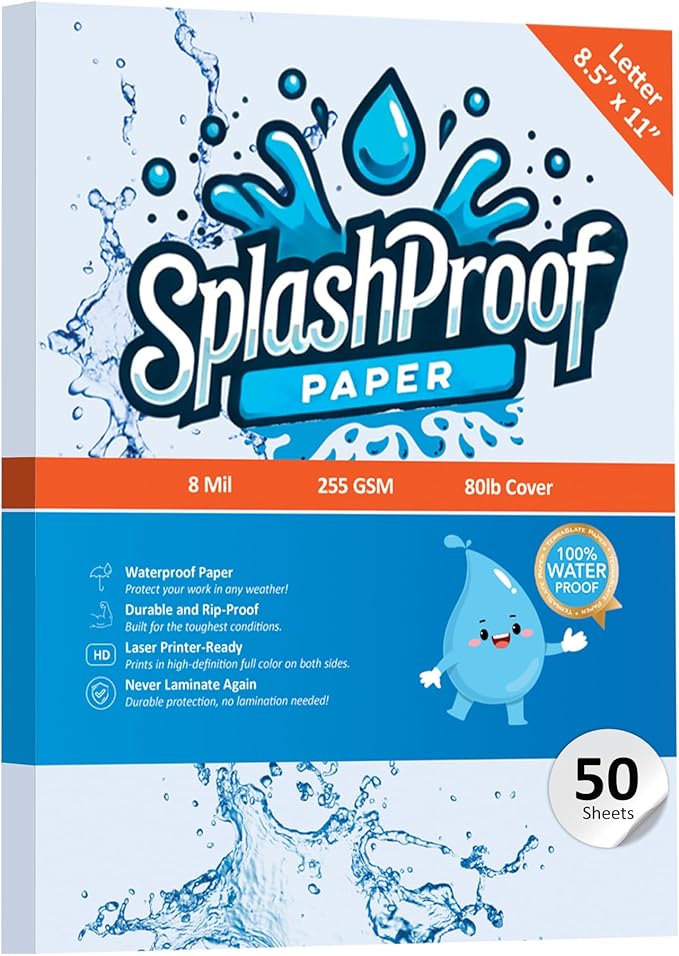 Printer Paper - 8.5" x 11", 8 Mil Waterproof Paper, Laser Printer & Copy Machine Compatible (Letter - 8.5" x 11", 50 Sheets)