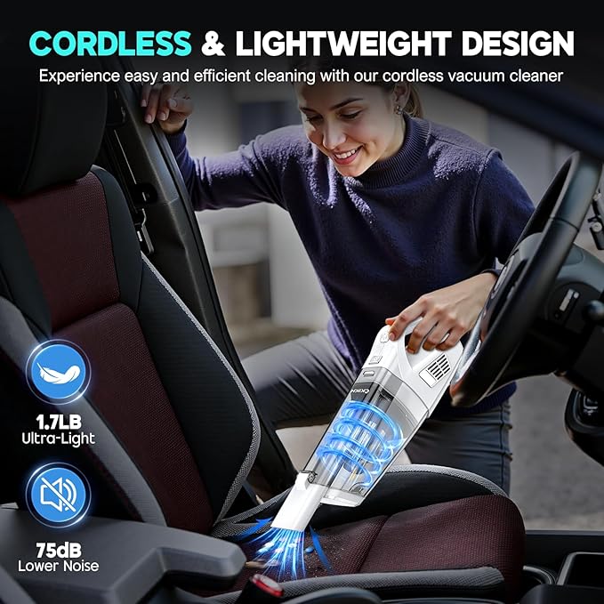 CKIKH Handheld Vacuum Cordless, 15000PA Strong Suction Hand Held Car Vacuum Cleaner Portable with Multi-Nozzles & Washable Filter, Lightweight Dust Busters Rechargeable for Home, Car, Office, Pets