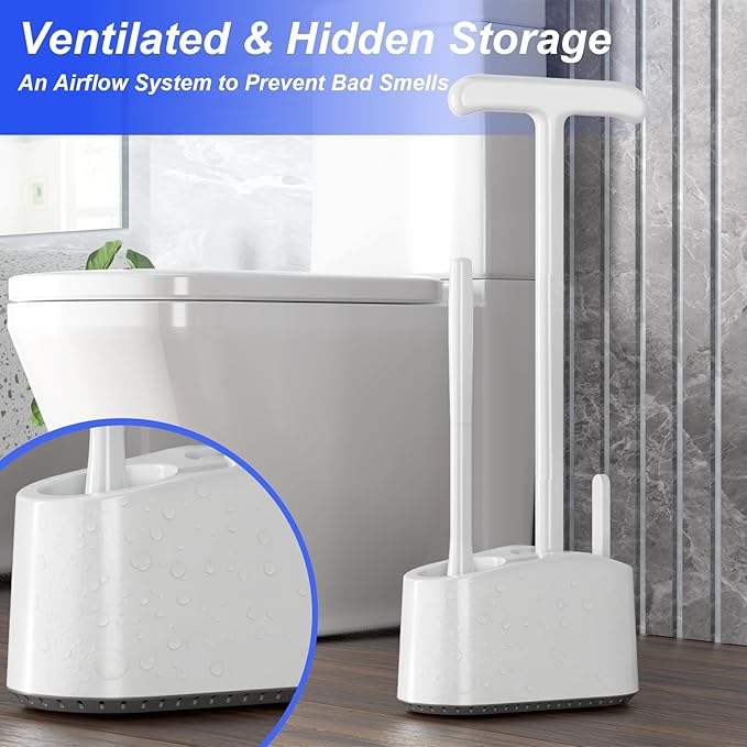 3 in 1 Toilet Brush and Plunger Set,Extended Handle Plunger,Heavy Duty Toilet Bowl Brush and Holder Hidden Toilet Plunger and Brush Set,Bathroom Cleaning Supplies (Pure White)