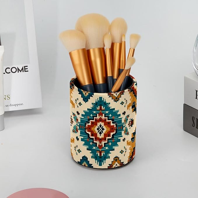 Western Vintage Print Circular Pen Holder, Pen Cup Makeup Brush Holder, Design for School, Home and Stationary Supplies (3.9 x 3.1 Inches)