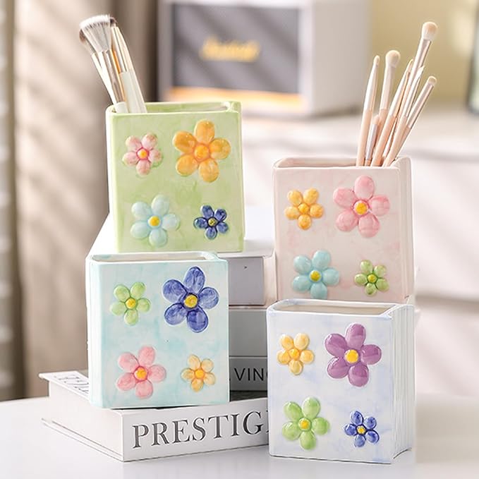 Book Vase Flower Pencil Cup Pen Holder For Office Desk Decorative Books Pink Flower Vase Cute Toothbrush Holders Home Decor Teacher Book Gifts for Women Small Makeup Brushes Holder