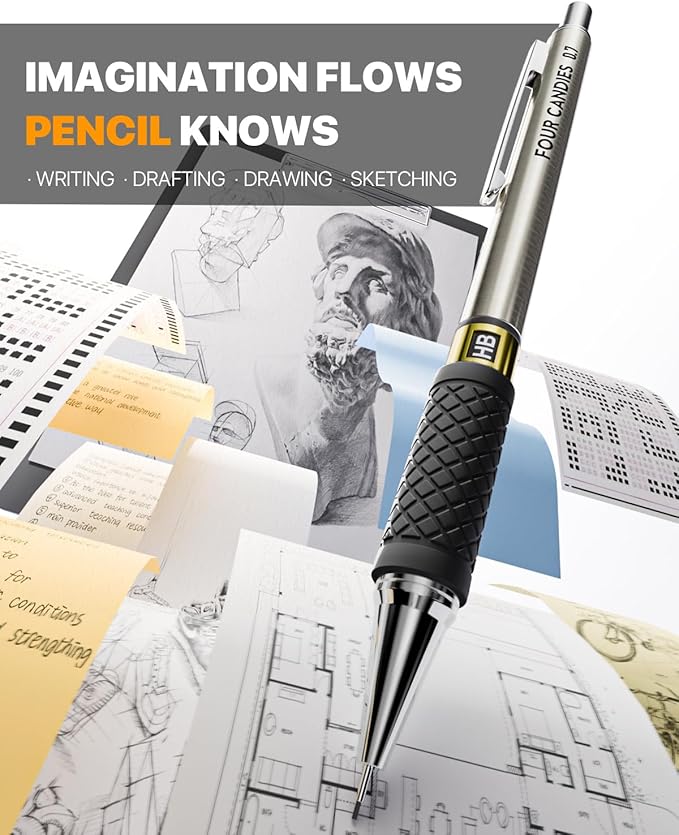 Four Candies Metal Mechanical Pencil Set - 3PCS 0.5mm Art Mechanical Pencils & 360PCS HB Lead Refills & 3PCS Erasers & 9PCS Eraser Refills, Drawing Mechanical Pencils for Writing, Sketching -With Case