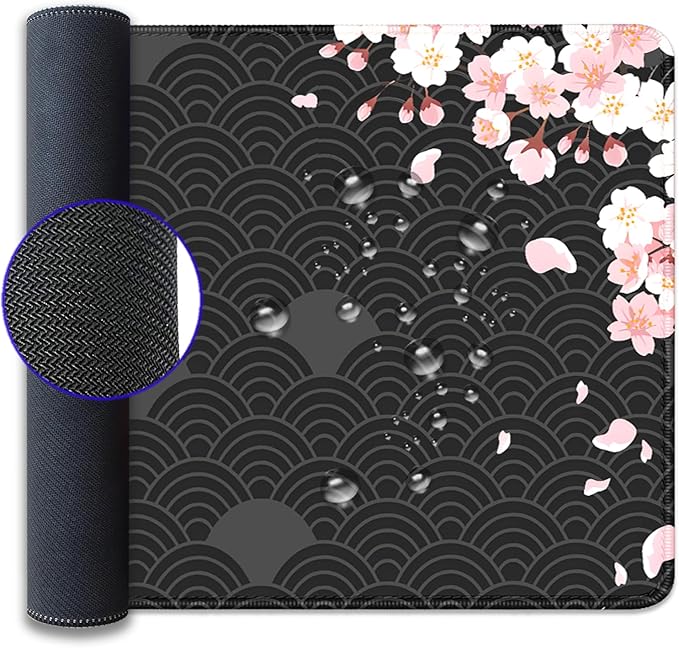 Black Watercolor Cherry Blossom Desk Pad Mouse Pad,Large Gaming Mouse Mat with Stitched Edges,Non-Slip Waterproof Rubber Base Mousepad for Office Work Home Desk Mat(27.5X11.8 in)