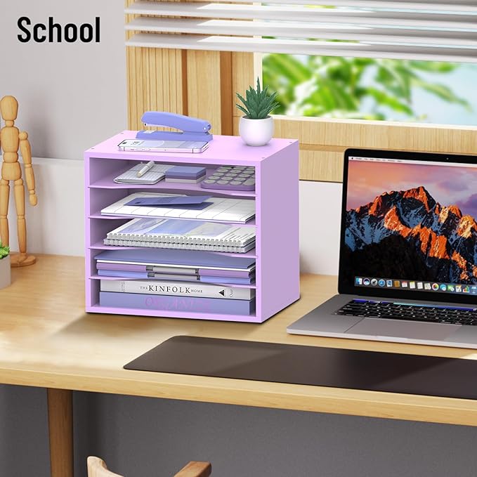 5-Tier Wood Desk Organizer, Paper Tray Organizer for Desk with Adjustable Storage Shelves, Desktop Paper Sorter Mail Holder for Office Home Classroom, Purple