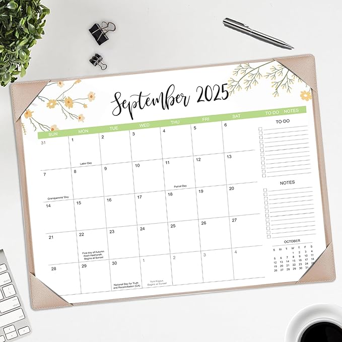 Desk Calendar 2025-2026 with Desk Mat – 22" x 17" Large Desk Pad Calendar Runs From Sep 2025 to Dec 2026, Floral Design Desktop Calendar with To Do List, Personal Desk Calendar Planner for Home, Office
