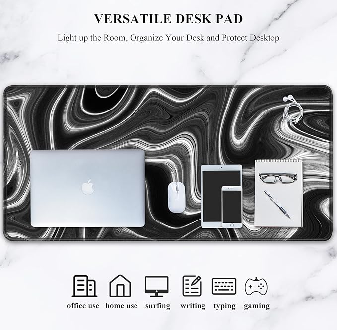 Auhoahsil Large Gaming Mouse Pad, Fluid Art Style XXL 35.4 x 15.7 in Desk Pad Stitched Non-Slip Rubber Long Computer Mousepad Thin Extended Full Size Desk Mat for Desktop Laptop Wireless Mice, Black