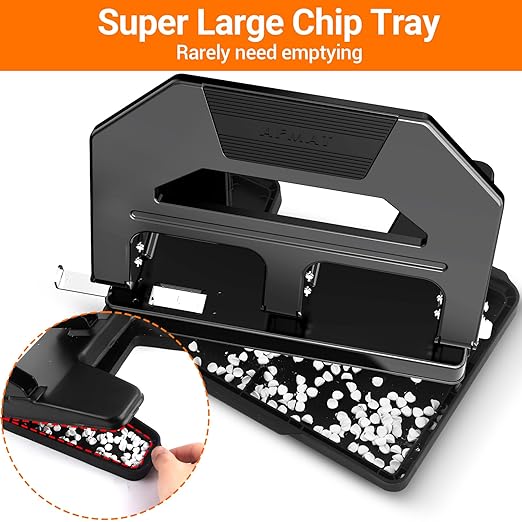 AFMAT HPX2 Heavy Duty 3 Hole Puncher, 40-Sheet Paper Punch Heavy Duty, 50% Reduced Effort Three Hole Punch, 10K+ Uses, Metal Hole Puncher 3 Ring w/Large Tray, Bulit-in S.S. Paper Guide, Black