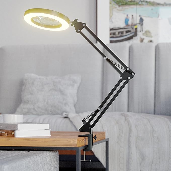 HITTI 10X Magnifying Glass with Light, 1,800 Lumens Stepless Dimmable, 3 Color Modes, 4.2″ Real Glass Lens LED Magnifying Desk Lamp & Clamp, Magnifier Light and Stand for Crafts Welding Close Work