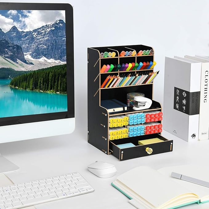 Marbrasse Wooden Desk Organizer, Multi-Functional Pen Holder, Desktop Stationary Organizer, Storage Rack for School Home Office Art Supplies (B16-Black)