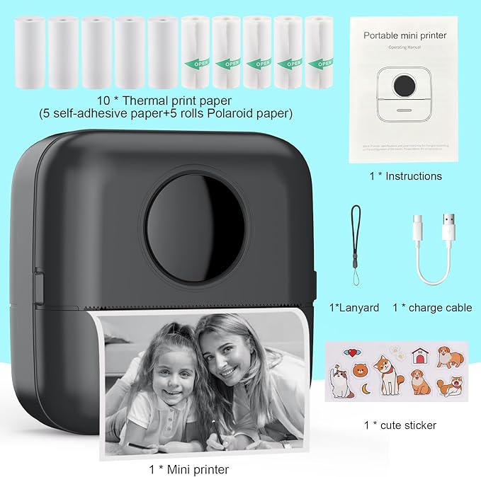 HuiJuKeJi Mini Sticker Printer Bluetooth Smart Pocket Inkless Thermal Printer with 11 Rolls Thermal Paper and Sticker for iOS&Android, Portable Receipt Printer for Photo Journal Notes Memo