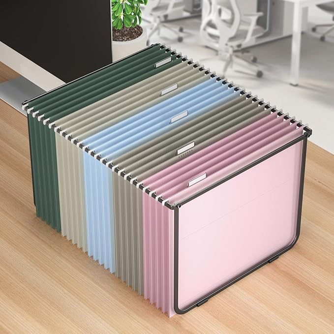 Hanging File Folders Letter Size, Metal File Frame with 50 Pcs Colored Hanging File Folders, 2'' Extension 1/5-Cut Tabs File Organizer Includes Hanging Folders for Desk Office Filing Cabinet