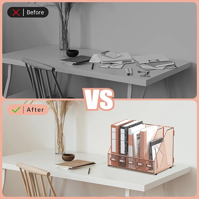 DALTACK Desk Organizers Metal Magazine File Holder with 5 Vertical Compartments Folder Storage Binder Organizer for Office Home School Organization, Rose Gold, Plus