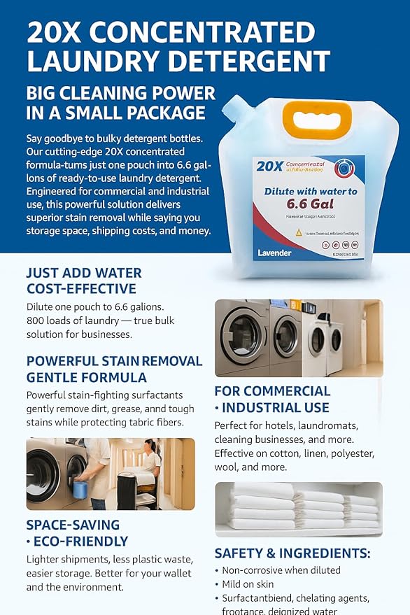bulk Laundry Detergent Refill, 20X Concentrated,Makes 2.6 Gal (300 Loads) - Ultra Stain Fighter, HE Compatible, Low Cost per Load for Home & Commercial Use