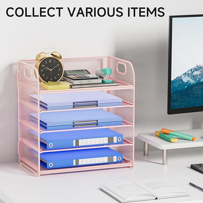 Paper Organizer for Desk Organizers and Accessories for Office 5 Tier Letter Tray Storage with Handle Mesh Desktop Paper Holder for School- Pink