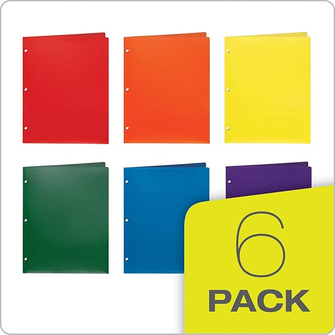 Oxford 2 Pocket Folders, Plastic Portfolio, Folder for School and Office, 2-Pocket Paper Organizer, 3 Hole Punch, Letter Size, Asst. Colors (Blue, Green, Yellow, Orange, Red, Purple), 6 Pack (14187)