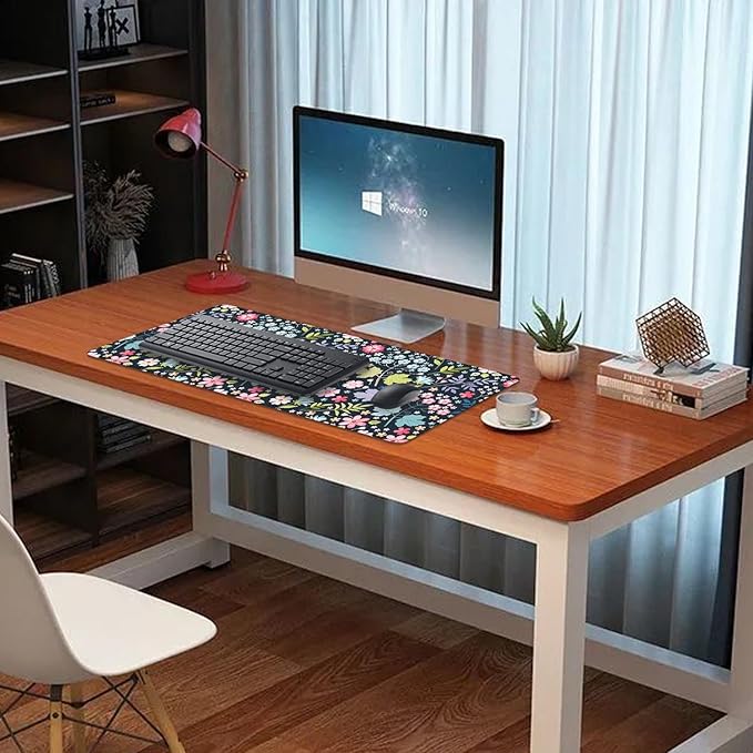Maple Leaf and Flowers Desk Pad Mouse Pad,Large Floral Mouse Mat with Stitched Edges,Non-Slip Rubber Base Elegant Mousepad for Office PC Keyboard Laptop and Home Work Desk Mat(27.5X11.8 in)