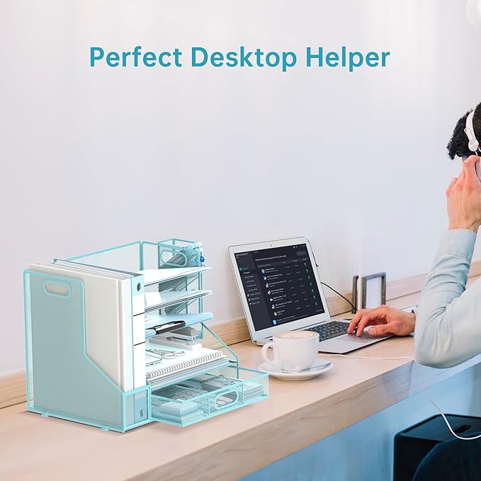 SUPEASY Desk Organizer with File Holder, 5-Tier Mesh Paper Letter Tray Organizer with Pen Holder and Drawer, Desktop Organizer and Storage with 3 Tilted File Sorter for Office Supplies, Blue