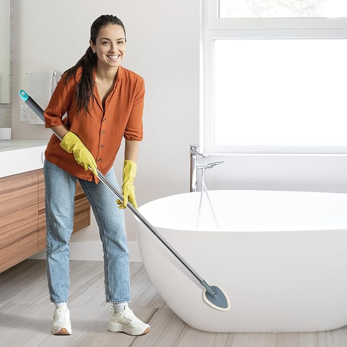 TreeLen Long Handle Shower Bathtub Tub Scrubber with 180° Head & 5 Replaceable Heads -49" Bathroom Cleaning Brush for Bathtub, Tiles, Glass (Non-Scratch Scouring Pads Included)