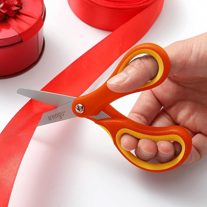 LIVINGO 3 Pack 5” Kids Scissors, Left/Right Handed Blunt Stainless Safety Toddler Preschool Child Scissors with Cover, School Classroom Craft Supplies for Teachers, Yellow/Blue/Gray