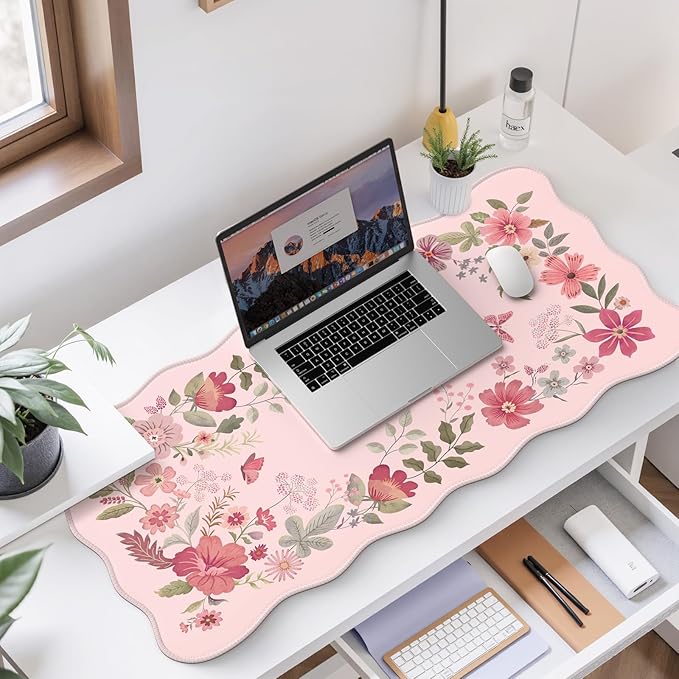 HAOCOO Desk Pad Mat, Pink Scalloped Desk Pad, Computer Desk Mat, Non-Slip Desk Pad for Keyboard and Mouse, Large Desk Mouse Pad with Egde Stitched, Waterproof Floral Keyboard Mat for Office (Hot Pink)