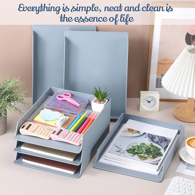 Wenqik 6 Pcs Stackable Paper Trays Rectangular Plastic Desk Holder Desktop Document File Organizer Storage Letter for Office Classroom (Gray)