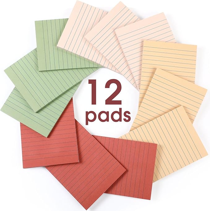 12 Pads Retro Color Boho Sticky Notes 4x6 with Line, Lined Self Stick Notes Pads Boho Office Supplies, Vintage Aesthetic School Accessories 50 Sheets/pad