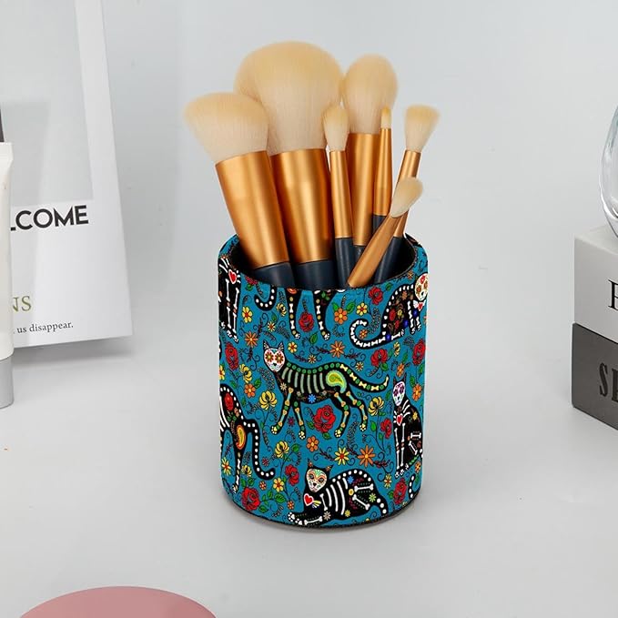 Round Creative Pen Holder |Sugar Skull Black Cats Desktop Storage Organizer|Gadget Stationery Storage Box|Office Leather Organizer