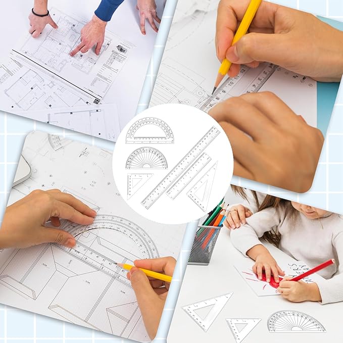 1 Set Plastic Clear Ruler Math Set, Includes 6" | 12" Long Straight Ruler, Triangles, Protractor Geometry Math Transparent Rulers for School Office Home Office Drawings (Transparent)