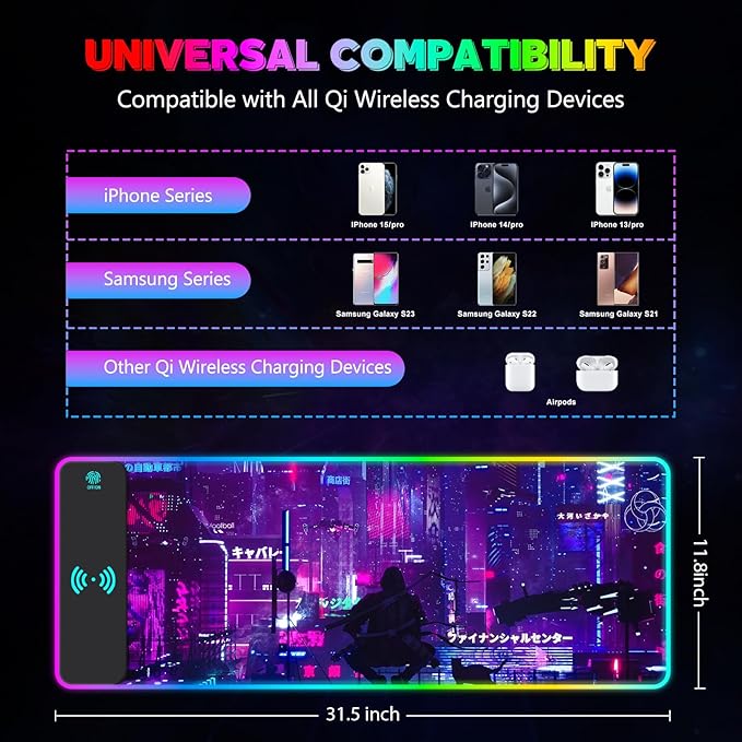 RGB Mouse Pad with 15W Wireless Charging, Purple Anime Neon Extended Large LED Gaming Mouse Pad Non-Slip Rubber Base, 10 Light Modes Desk Pad for Home Office-Warrior Cat