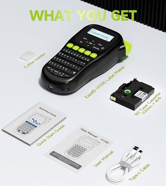 Industrial Label Maker Machine with-Tape Waterproof, Portable Cable Label Maker with Keyboard, Handheld Wire Labeler with Backlight Screen for Home Office Use, H1100 Black