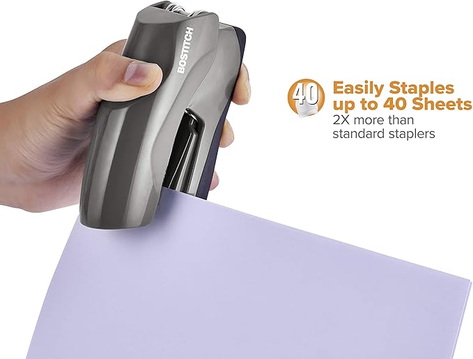 Bostitch Office Heavy Duty Stapler, 40 Sheet Capacity, No Jam, Half Strip, Fits into the Palm of Your Hand, For Classroom, Office or Desk, Gray