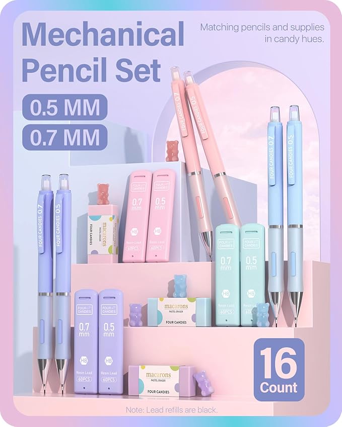 Four Candies Cute Mechanical Pencil Set, 6PCS Pencils 0.5 mm & 0.7mm with 360PCS Lead Refills, Pastel Erasers, Case for School Supplies