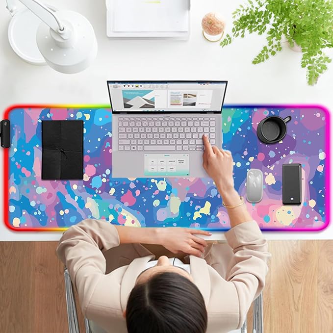 RGB Pretty Abstract Blue Gaming Desk Mat, Computer Keyboard Large Extended Long LED Mouse Pad for Office and Home, XL (W14)