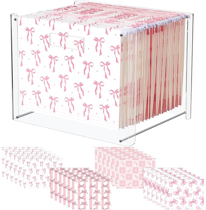 24 Hanging File Folder with Acrylic Organizer for Letter/a4 Size Desktop Clear File Storage Box with Handles for Home Work Office Use(Pink,Bow)