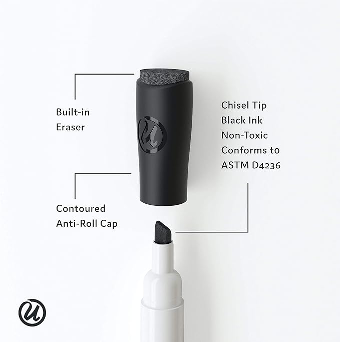 U Brands Fine Tip Dry Erase Markers with Eraser, Whiteboard Markers with Chisel tip, Low Odor, Black, Set of 12