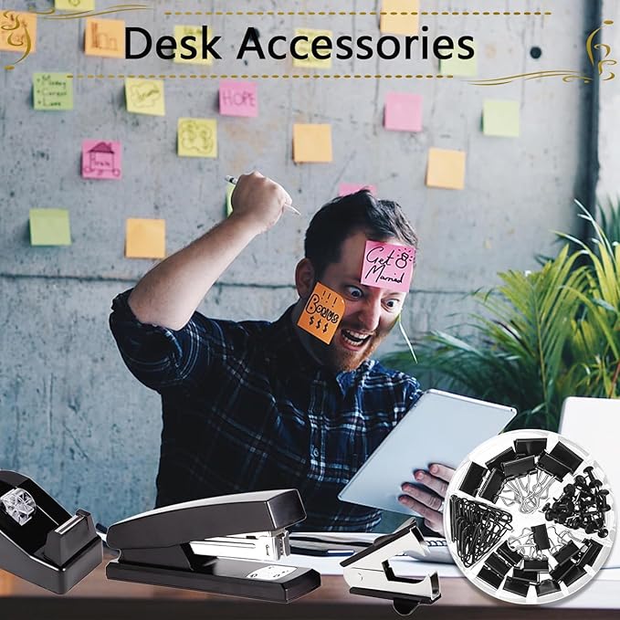 Office Supplies Set,Desk Accessories,Stapler and Tape Dispenser Set,1000 Staples,Staple Remover,Hinder Clips,Ruler,Scissor,Clear Tape,Ballpoint Pen,Sticky Notes,Gifts for Colleagues(Black)