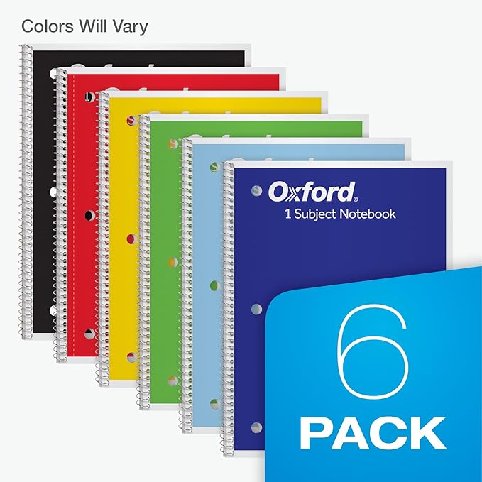 Oxford Spiral Notebooks, 6 Pack, 1 Subject, Wide Ruled Notebooks for School, 8 x 10.5 Inches, 70 Sheets, Assorted Colors, Back to School Supplies (65010)