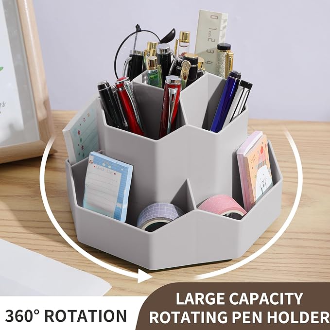 INSTOME Desktop Organizer with Pencil Holders,360°Rotating Pen Holder for Desk Organizer,9 Compartments and Makeup Brush Holders,Multifunctional Office Supplies for Home,Teachers and School (Gray)