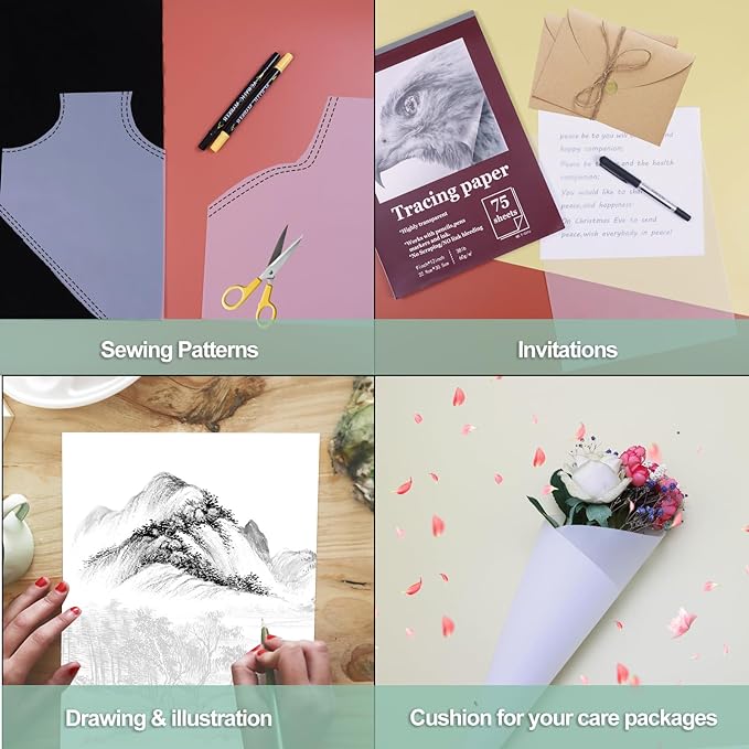 Tracing Paper 8.5x11 inch, 100 Sheets Transparent Vellum Paper for Tracing Pads, 38lb/60gsm Translucent Tracing Paper for Pencil, Marker and Ink,Trace Images, Sketch, Preliminary Drawing, Overlays.