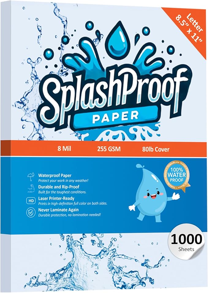 Printer Paper - 8.5" x 11", 8 Mil Waterproof Paper, Laser Printer & Copy Machine Compatible (Letter - 8.5" x 11", 1,000 Sheets)