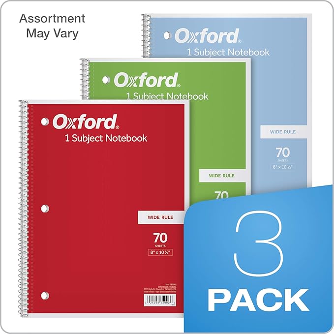 Oxford 1-Subject Notebooks, School Journal, 8 x 10-1/2 Inch, Wide Rule Paper, 70 Sheets, 3-Hole Punch, 24 Pack, Red, Blue, Green, Color Assortment May Vary (65029)