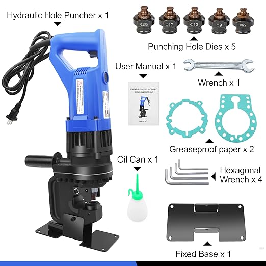 Electric Hydraulic Hole Punch for Metal,1200W Hydraulic Hole Puncher,Angle Steel Hole Punching Machine with Die Φ1/4" 3/8" 1/2" 11/16" 13/16",Hole Punch Tool for Metal Aluminum Copper Iron Steel Plate