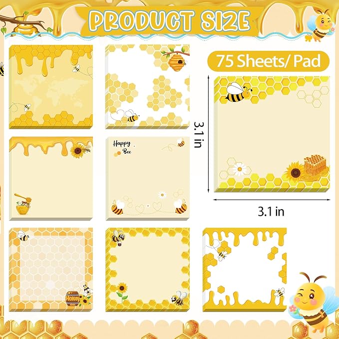 600Pcs Bee Sticky Notes, Self-Stick Bee Note Pads to Do List Memo Pads Cute Sunflower Bee Memo Notes Message Reminder for Bee Lovers Spring Summer Office Home School Supplies