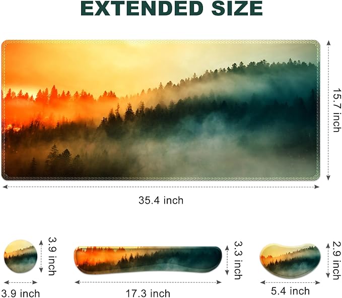 Keyboard Mouse Pad Set, Extended Gaming Mouse Pad +Keyboard Wrist Support +Mouse Wrist Rest +Coaster, 35.4x15.7 in XXL Large Ergonomic Desk Mat 4in1 Set for Home Office, Sunset Misty Forest
