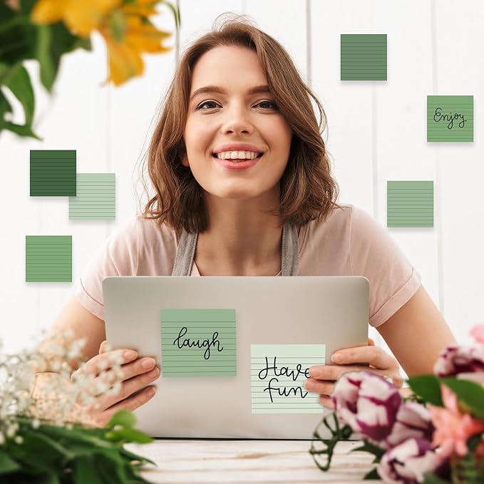 12Pcs Sage Green Lined Sticky Note 3 x 3 Inch Assorted Green Self Adhesive Notepad Removable Memo Pad for Summer Home School Office Supplies