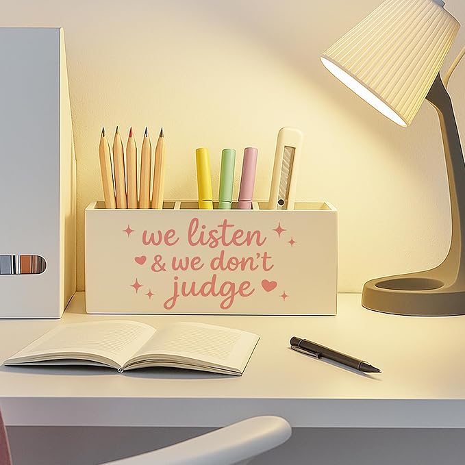 Pink Mental Health Wooden Pen Holder for Desk, Therapy Counselor Office Decor Must Haves, We Listen and We Don't Judge Inspirational Pencil Holder for Desk Decor