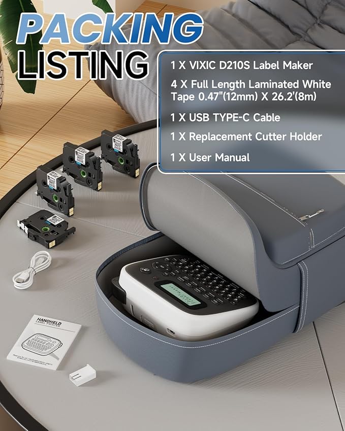 Vixic Label Makers, Label Maker Waterproof-Labels, D210S Label Maker Machine with Tapes, Portable Label Machine with Keyboard Powered by Type-C, Handheld Labeler Machine for School Office Organization