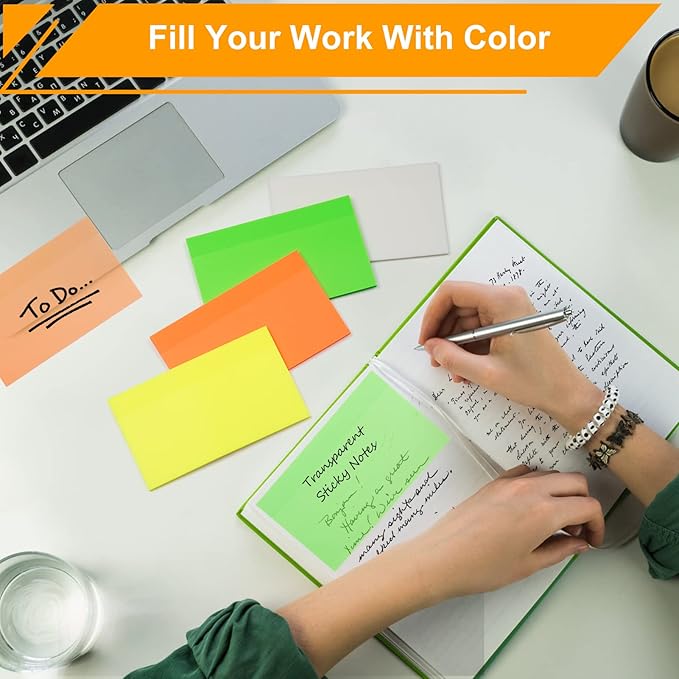 3x5 Inch Transparent Sticky Notes, 200 Sheets 4 Colors Large Translucent Self-Adhesive Clear See Through Post Sticky Notes for Office Woman School Classroom Teacher College Supplies 4 Pads