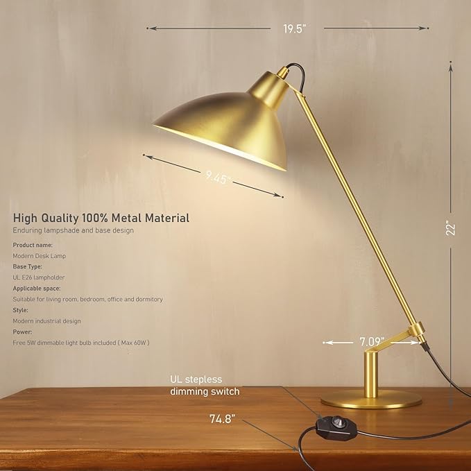 Desk Lamp Modern Industrial 100% Metal Table Lamp 22", Soft White Light (3000K) with Adjustable Switch, Ideal for Office Bedroom Study Room Living Room Nightstand Bedside Lamps Brass