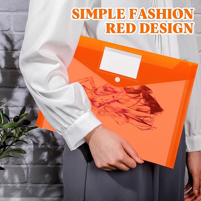 Lincia 24 Pcs Plastic Envelopes A4 Size Poly Envelopes File Folders Work Document Holder Office Paper Plastic File Organizer with Label Pocket Snap Button Home Bag for School(Clear Orange)